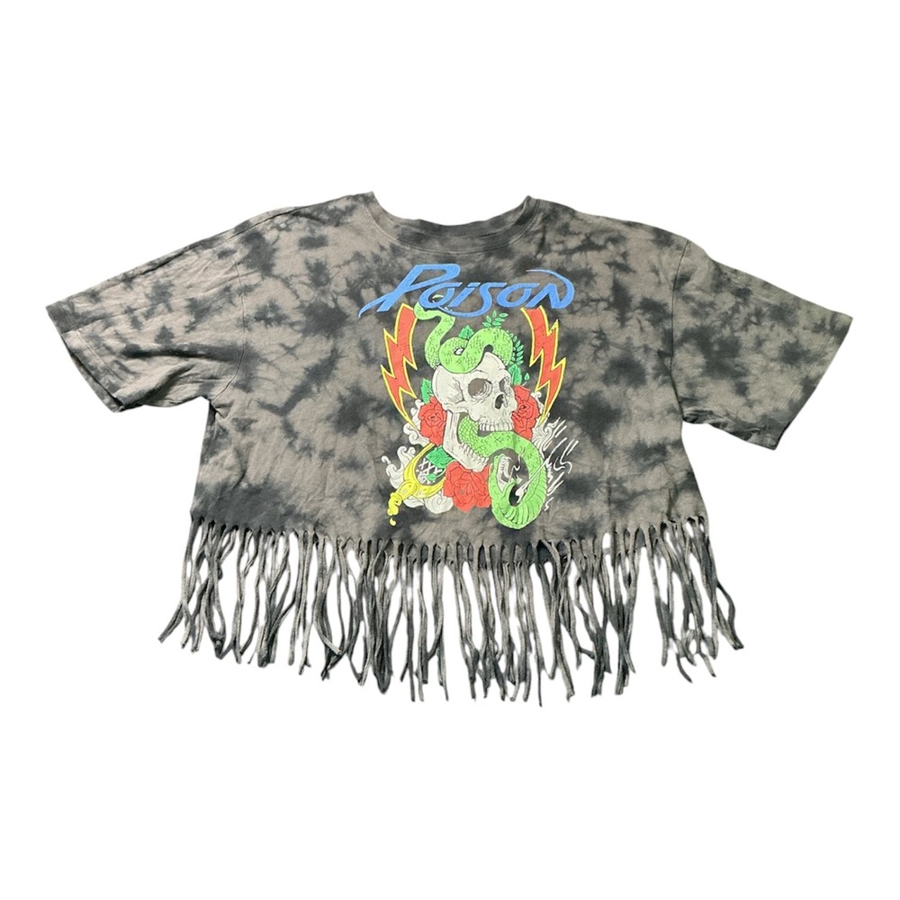 Poison Band Graphic Tee Tie Dye Fringe Crop Top Skull Snake Grey Rock Shirt